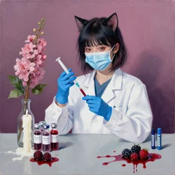 “ an emo catgirl in a white lab coat, surgical mask, blue latex gloves, syringe, blood collection vials, medical labels, ikebana, a candle dripping white wax, squashed berries, berry juice drips, acrylic and spray paint and oilstick on canvas, surrealism, neoexpressionism ”