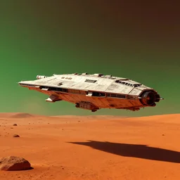 cyberpunk cargo starship landing on the orange surface of mars, red and green hour, by ismail inceoglu