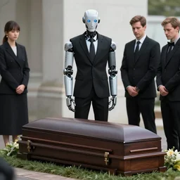 a robot in a black suit attends a funeral, octane render, 8 k by james jean, ayami kojima, justin gerard, craig mullins