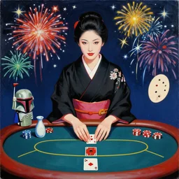 woman in a black japanese kimono, sitting at an extremely detailed poker table with the boba fett, sake on the table, fireworks and stars on the background, by andy warhol, by roy liechtestein, canvas, acrylic paint, ivory palette, 4 k, ultra - hd