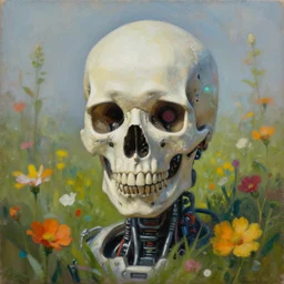 a beautiful portrait painting of a cyberpunk robot skull in a field of flowers by simon stalenhag