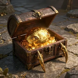 stone floor, opened chest with claws and eyes full of gold , dnd fantasy digital art, high detail, realistic