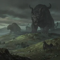 windy hillsides where giant beasts roam. award - winning 3 d anime by an indie studio, heavily stylized, rimlighting, depth of field, limited palette, lovecraftian, chiaroscuro, bokeh.