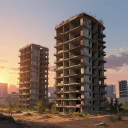 a beautiful ultradetailed anime illustration of multi - unit residential building abandoned unfinished building building urbex by titian, gem meadow at dusk tokyo morning sun laser desert, archdaily, wallpaper, highly detailed, trending on artstation.