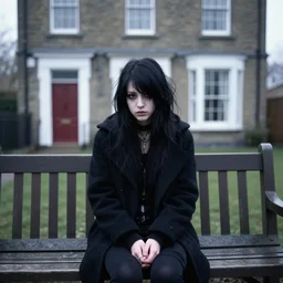 an emo goth girl sitting on a bench in front of a British house on a freezing cold day, 2006, black hair