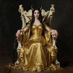 full body portrait of beautiful vampire queen in gold gothic robe sitting on a throne of bones, elegant, highly detailed painting by gaston bussiere, craig mullins, j. c. leyendecker, 8 k, mid shot