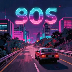 car driving down a road towards a city. Neon punk. Digital Painting. Vaporwave. 80s.
