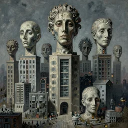 highly detailed horror dystopian surreal painting of eerie head statues and buildings by zdzisław beksinski