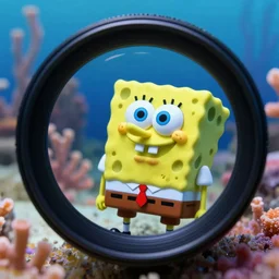 4k shot macro lence of a Spong that looks exactly as Spongebob inside a coral reef