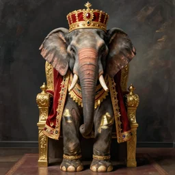 Portrait en plein pied of an elephant on their throne, dressed in royal attire, by Philipp Otto Runge, museum catalog, high definition,