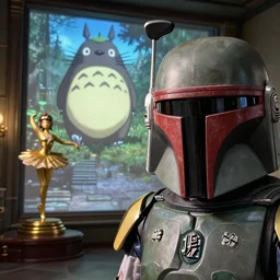 fuji 5 0 r, 3 5 mm ; hyperrealistic closeup boba fett hublot in akira film still of courtyard interior with window view ; in the background projection of beautiful totoro in matrix film still of gold funko pop ballerina statue scene, eye contact ; in style of 1 9 9 0 frontier in extreme closeup porcelain photography architectural studio edition, hyper detailed, cinematic lighting, 8 k