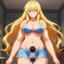 a very beautiful young anime giantess with her tiny dad, full body, long wavy blond hair, sky blue eyes, full round face, evil grin, bikini, miniskirt, front view, mid - shot, highly detailed, cinematic wallpaper by stanley artgerm lau