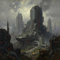 a painting of a cyberpunk city, by john william waterhouse, by John William Godward, by austin osman spare, symbolist painting, mist, volumetric render, digital painting, detailed painting, occult, sharp focus, intrincate details