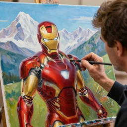 a closeup photorealistic photograph of bob ross working on a canvas painting of iron man. mountain scape. film still, vibrant colors. this 4 k hd image is trending on artstation, featured on behance, well - rendered, extra crisp, features intricate detail, epic composition and the style of unreal engine.