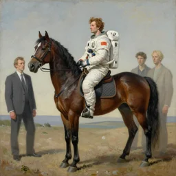 fetish game dominantrius dressed as a horse sits on the back of a man dressed as an astronaut, highly detailed painting by francis bacon, edward hopper, adrian ghenie, gerhard richter, and james jean soft light 4 k,