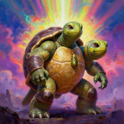 humanoid anthropomorphic turtle 🐢 warrior, [ style ] [ oil painting ] [ palate ] [ vibrant gothic colors ], vibrant neon nebulous clouds, radiant light rays, photorealistic painting, volumetric lighting, artstation, unreal engine, octane render,
