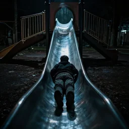 perspective of a person sliding down a very long playground tube slide, very dark horror environment