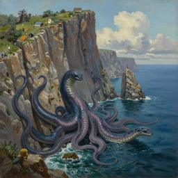 fjord, ocean cliffs, tentacles, sea serpent, extremely detailed oil painting, unreal 5 render, rhads, sargent and leyendecker, savrasov levitan polenov, bruce pennington, studio ghibli, tim hildebrandt, digital art, landscape painting, octane render, beautiful composition, trending on artstation, award winning photograph, masterpiece