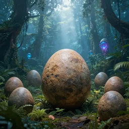 triassic, large dinosaur eggs, dinosaur close - up, lush blue triassic jungle, sun beams through thick fog, glowing alien artifact, les edwards, zdzislaw beksinski, carl gustav carus, john harris, michal karcz, zhang kechun, mikko lagerstedt, scott listfield, steven outram, jessica rossier