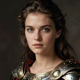 close - up portrait of beautiful young woman dressed gladiator with metallic armor, art by ruth bernhard