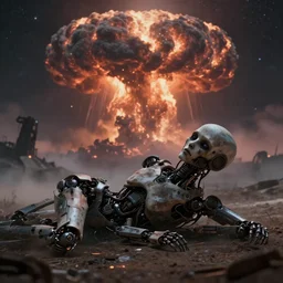 a beautiful award-winning photo of a dying cyborg being the last conscious thing in the desolate universe, serene post-nuclear background, a huge nuclear cloud, fire, cosmic horror, depression, intricate details, volumetric lighting, haze, very high quality, extremely detailed, subtle visual noise, hyperrealistic, 8K
