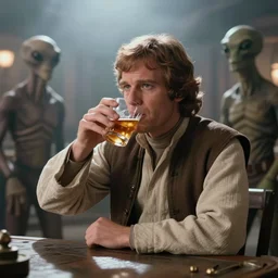A long-shot, color cinema film still of a Marlin Monroe drinking alcohol in the Mos Eisley's Tavern, Two aliens around, misty, studio lighting; from Star Wars(1977)
