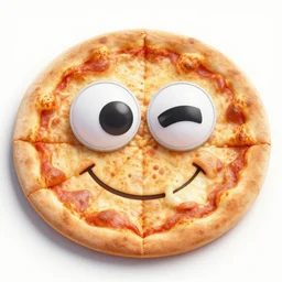 A pizza with googly eyes smiling crookedly at the camera.