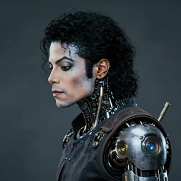 a rugged michael jackson with cybernetic enhancements, scifi character portrait by greg rutkowski, esuthio, craig mullins, 1 / 4 headshot, cinematic lighting, dystopian scifi gear, gloomy, profile picture, mechanical, half robot, implants, steampunk
