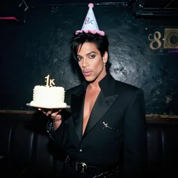 portrait photo still of the artist formally known as prince holding a small cake, wearing a birthday hat, in a dark and grimey club, 8 k, 8 5 mm f 1. 8