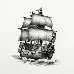 A magical pirate ship tattoo realistic tattoo sketch on white background, hyper realistic shaded tattoo, award winning tattoo