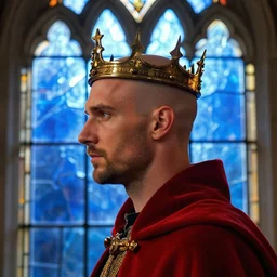 detailed side - view portrait of a king wearing a slim crown, bald, stubble, astral royal crown with short spikes, red coat gothic stained glass window, shiny blue background, very masterful, backlit