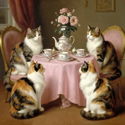three calico cats enjoying a fancy english tea party, three cats, painted by rembrandt