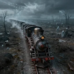 an old and damaged steam locomotive travelling through a haunted lovecraftian wasteland, hundreds of ghosts behind it, top down view from the sky