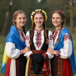 ukrainian girls with ukrainian flag in traditional uniform, happy, concept art, trending on artstation, highly detailed, intricate, sharp focus, digital art, 8 k