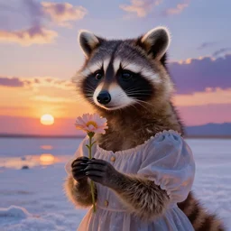 closeup portrait beautiful female anthropomorphic raccoon wearing a dress on salt flats holding a flower, surreal photography, sunrise, dramatic light, impressionist painting, colorful clouds, digital painting, artstation, simon stalenhag