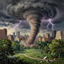 a detailed illustration of a massive tornado touching down in the middle of central park, flying trees and park items, calamity, dark storms with lightning, 8 k, in a baroque style