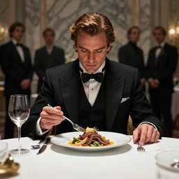 dune movie concept art aristocrat in elegant black suit eating dish with cooked sandworm with vegetables on plate, marble interior, wine glass, soft lighting, dark color scheme, art by gary jamroz simon goinard henrik sahlstrom devon cady - lee, frontview shot, white tablecloth, volumetric lighting, octane render, commission art, 8 k resolution