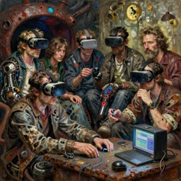 junky men watch tv, cybertronic gadgets and vr helmet, durty colours, rotten textures, rusty shapes, hard surface, biotechnology, dariusz zawadzki, tim hildebrandt, wayne barlow, bruce pennington, larry elmore, oil on canvas, luminosity, deep depth field, masterpiece, cinematic composition, hyper - detailed, hd, hdr