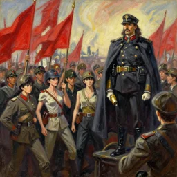 classical oil painting of anime key visual environment concept art of a fascist regime rally 1 9 4 5, alternate universe matriarchy, nationalism, red flags, dictator, trending on artstation, brush strokes, oil, canvas, style of kawacy makoto shinkai jamie wyeth james gilleard edward hopper greg rutkowski, preserved historical