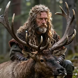 vfx movie closeup detailed ancient warrior hunting elk in the forest, natural lighting by emmanuel lubezki