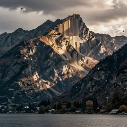 lakeside mountains, art deco