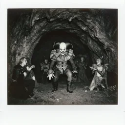 sergey lavrov demonic horror jester face, in lava cave, polaroid black and white picture, 1 9 th century, scary horrifying satanic rituals, hell gate
