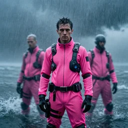 cinestill hasselblad candid award winning press portrait by robert capas of cyberpunks wearing rugged neon pink mesh techwear in treacherous waters, hailstorm, wideangle, extreme motion blur, modern cyberpunk moody depressing cinematic, pouring rain, 8 k, hd, high resolution, 3 5 mm, f / 3 2, ultra realistic faces, ex machina