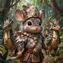 dungeons and dragons fantasy painting, portrait, a feathered mouse warrior, feathered velociraptor cavalry, whimsical and cute, aztec, mayan, determined expressions, watery eyes, anime inspired, face paint, tufty whiskers, in the jungle, by brain froud jessica rossier and greg rutkowski