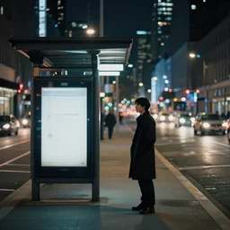 a lonely man standing near a bus stop in a big city at night by craig mullins and ruan jia, atmospheric, vivid, masterpiece, bokeh