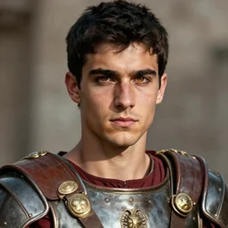 roman general, handsome young man with black hair, roman soldier armor, close - up portrait of roman centurion without helmet, character portrait, masterfully shaded, deep focus, amber eyes, insane art, trending on artstation, perfect lighting, 8 k, game cover art, sharp focus, anatomically correct, historical reconstruction!!, by artgerm and greg rutkowski