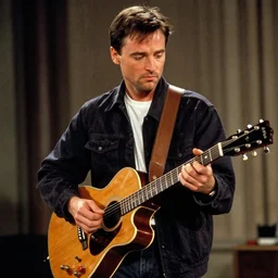 action shot of Michael J. Fox playing Marty McFly playing guitar