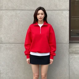 chinese - canadian tourist elisa lam wearing a red sweatshirt half zipped up with white shirt showing underneath with black short skirt full body from head to toe