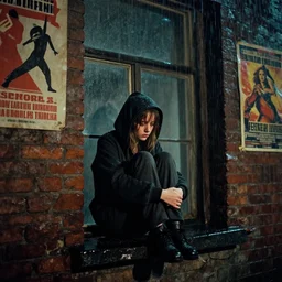 at night, sadie sink in hoodie sits on windowsill, knees tucked in | rain falls, old brick wall with ussr propaganda posters : 3 5 mm film, anamorphic, single long shot from schindler's list by steven spielberg. cyberpunk, cinematic atmosphere, detailed and intricate, perfect anatomy