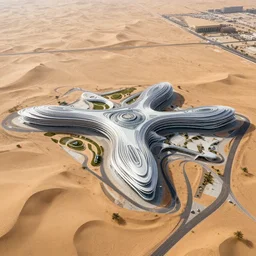 parametric structure, medical complex, in the desert beside the gulf, view from above, design by mad architect, dezeen, architectural photography